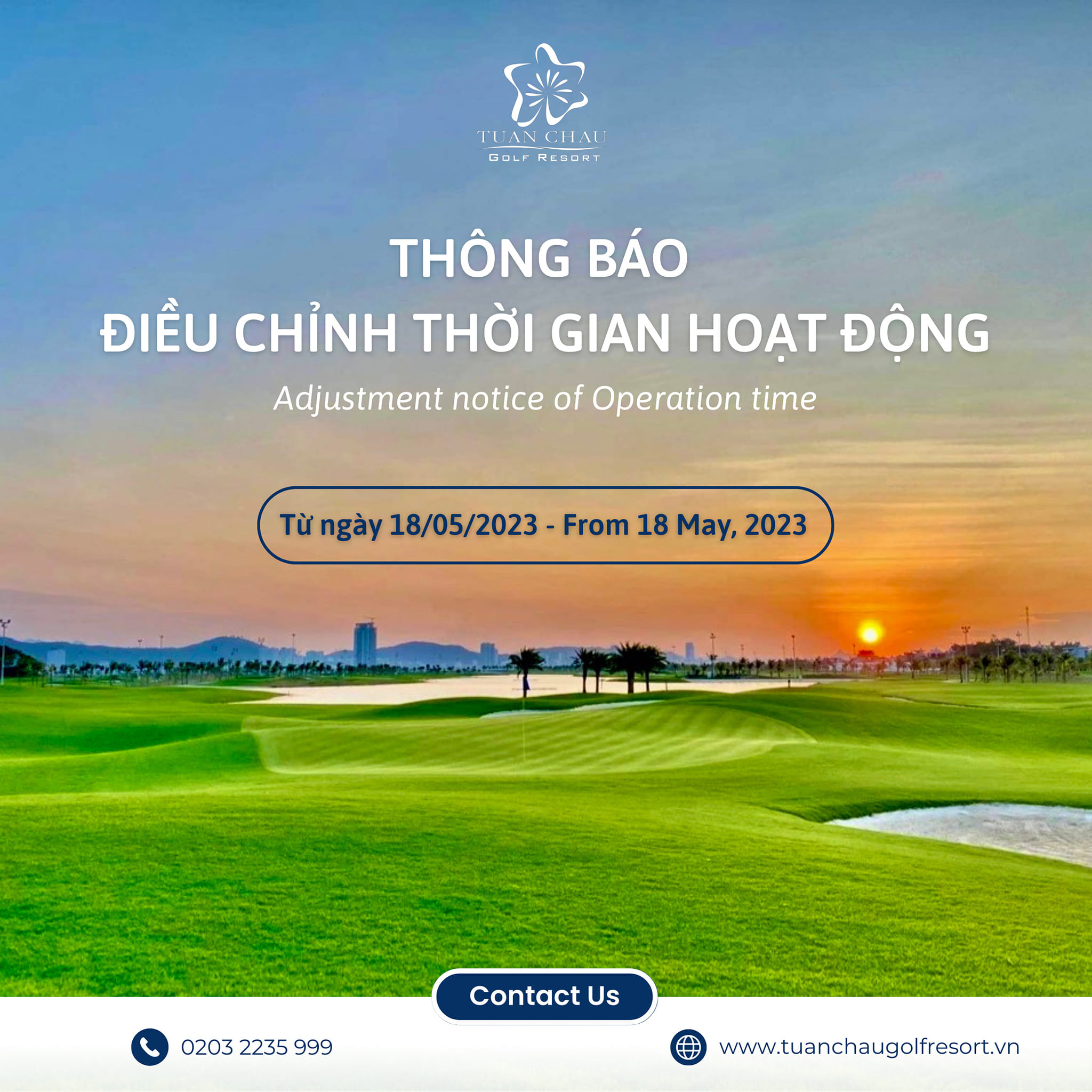 SÂN GOLF TUẦN CHÂU THÔNG BÁO ĐIỀU CHỈNH THỜI GIAN HOẠT ĐỘNG
